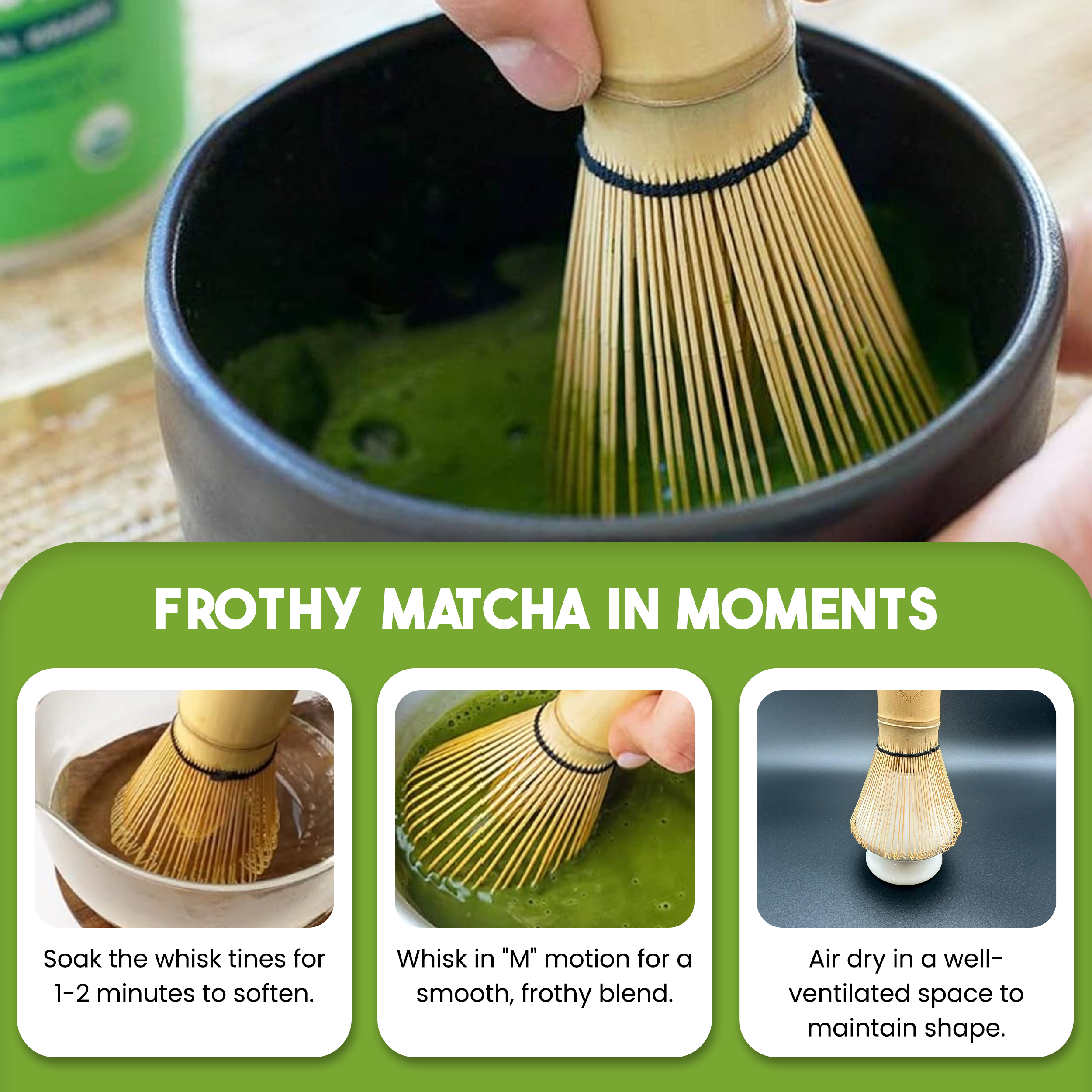 Matcha Whisk Set 2-Pack - Bamboo & Plastic Whisks for Tea & Milk