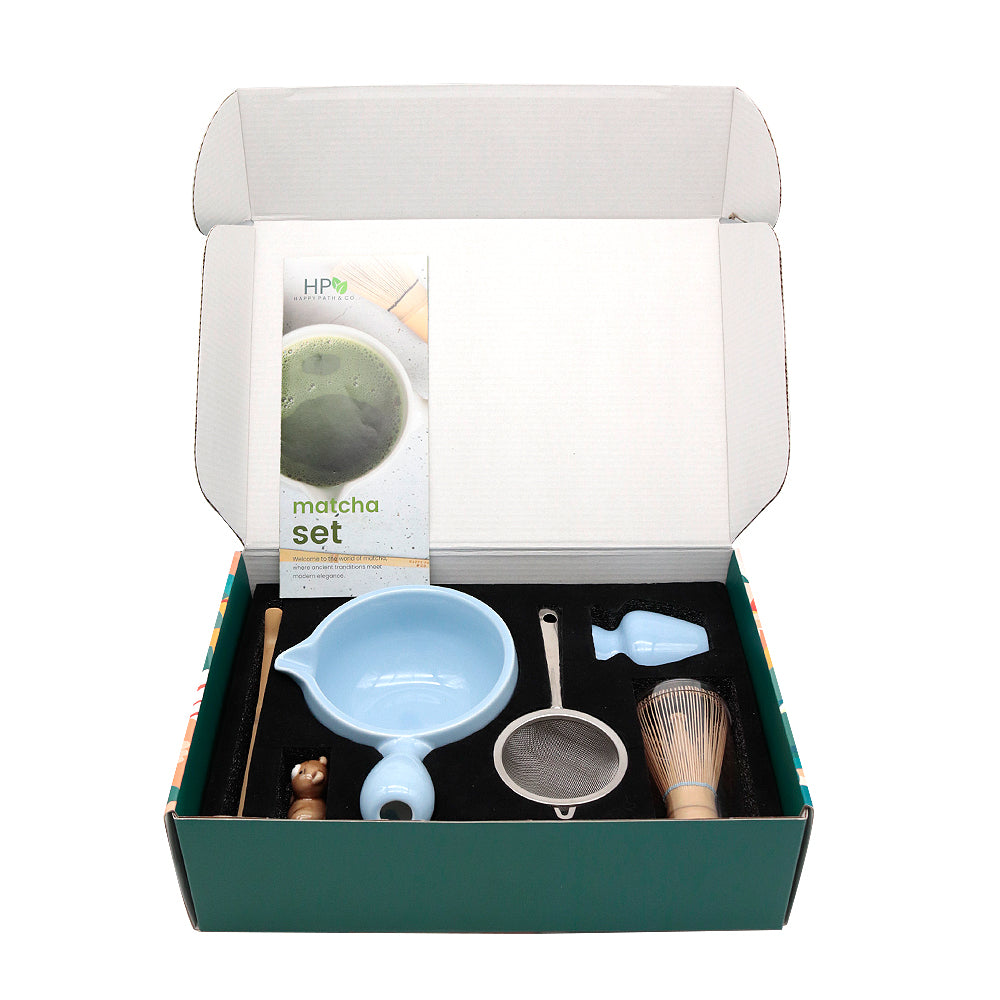 Matcha set with tools and packaging in an open box on a white background