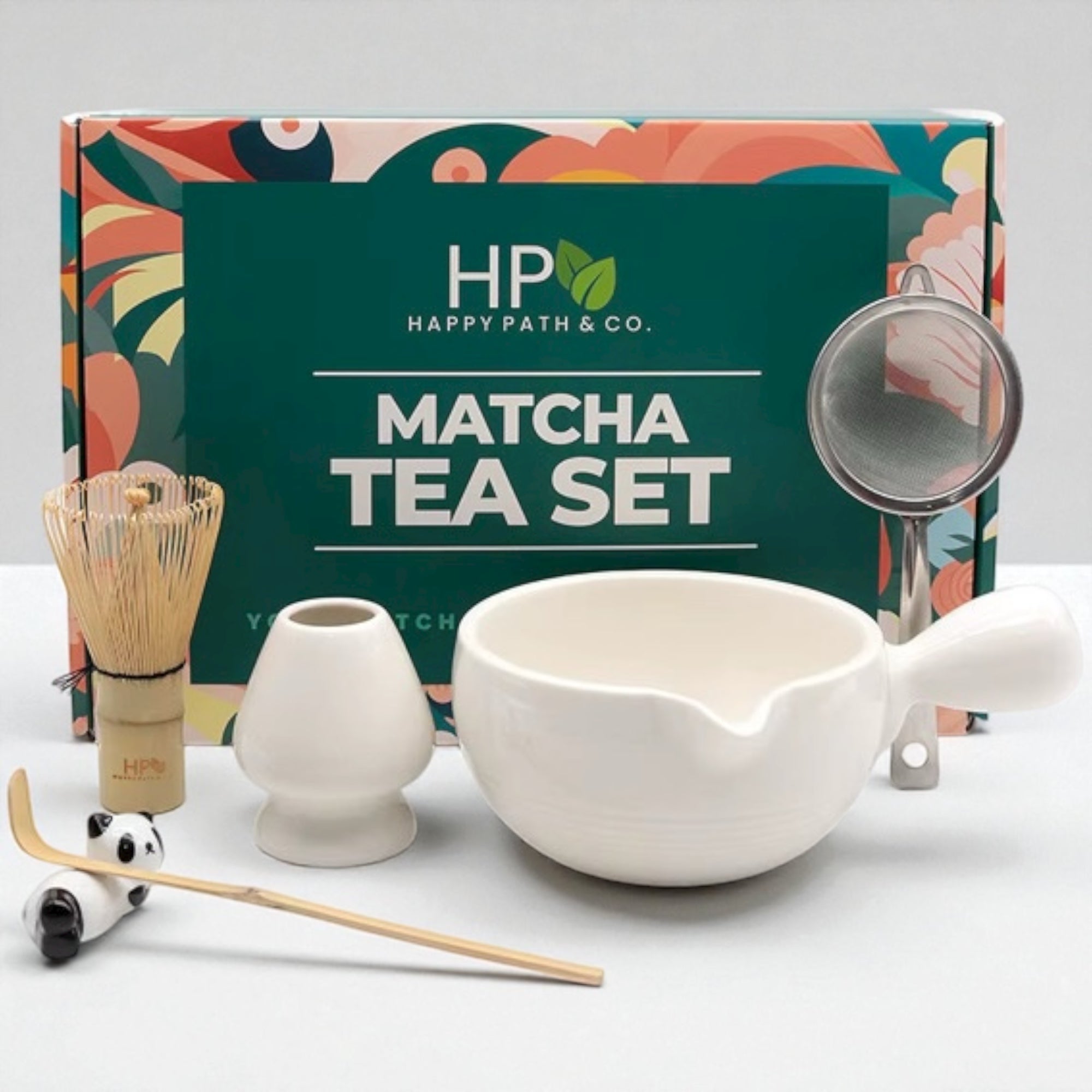 Matcha tea set with tools and Happy Path & Co. packaging on a white background