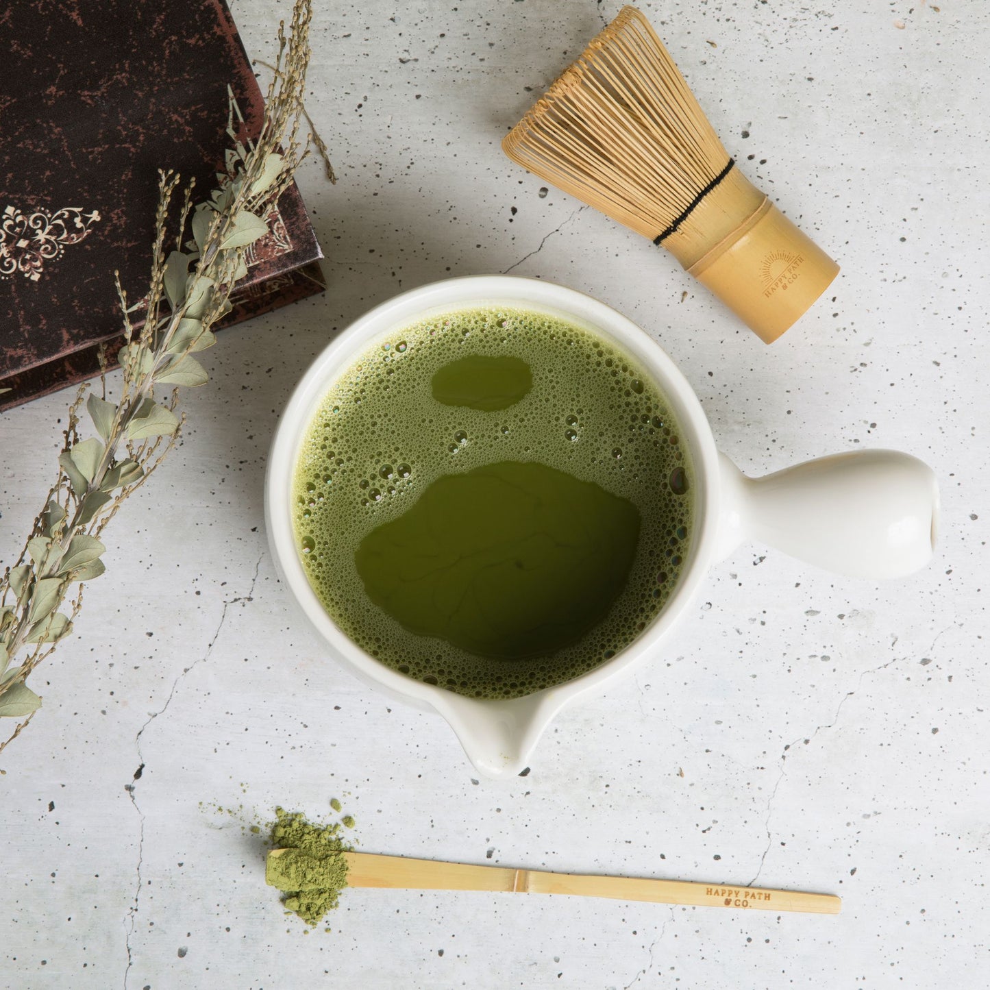 Matcha Set - Matcha bowl (chawan) with spout and handle, 100 prong bamboo whisk, bamboo scoop