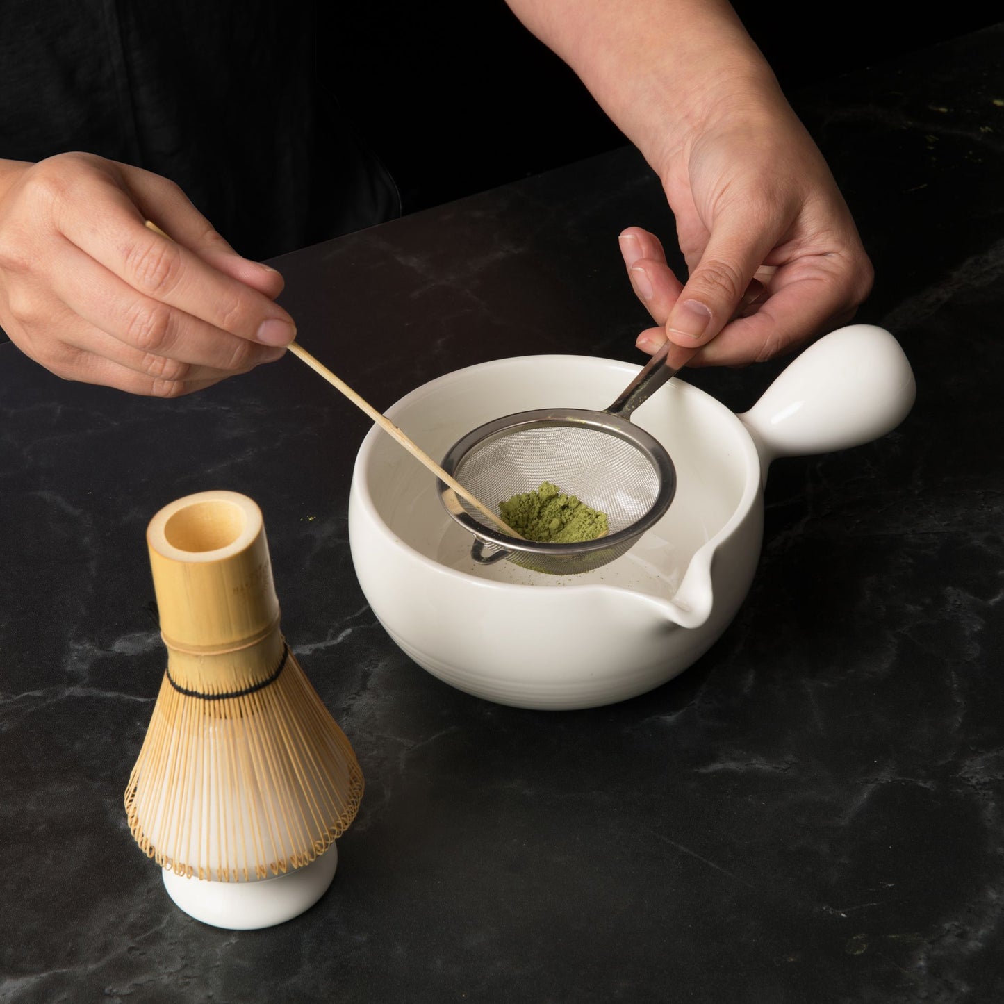 Matcha Set - Showing how to sift matcha with sifter, bamboo scoop, and matcha bowl (chawan) with spout and handle