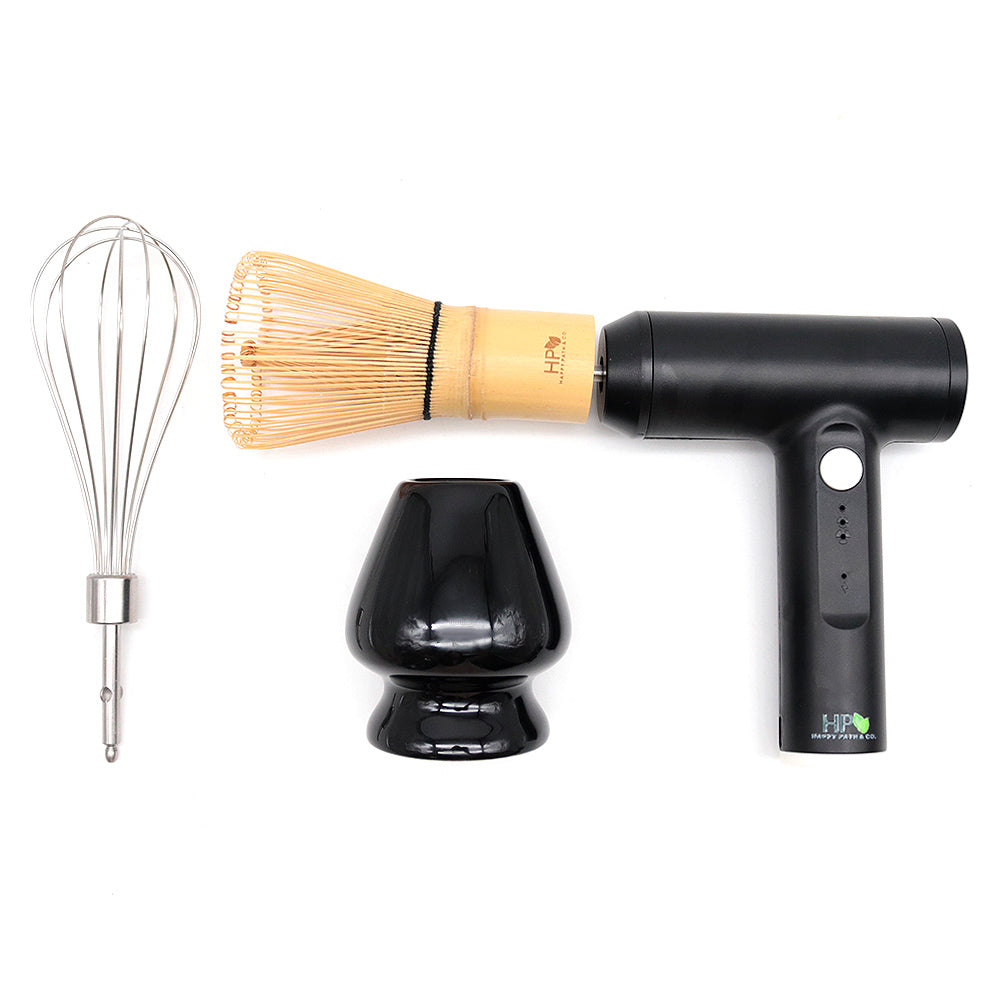 Electric Matcha Whisk Set (Black)  - Rechargeable Frother with Bamboo Whisk & Stand