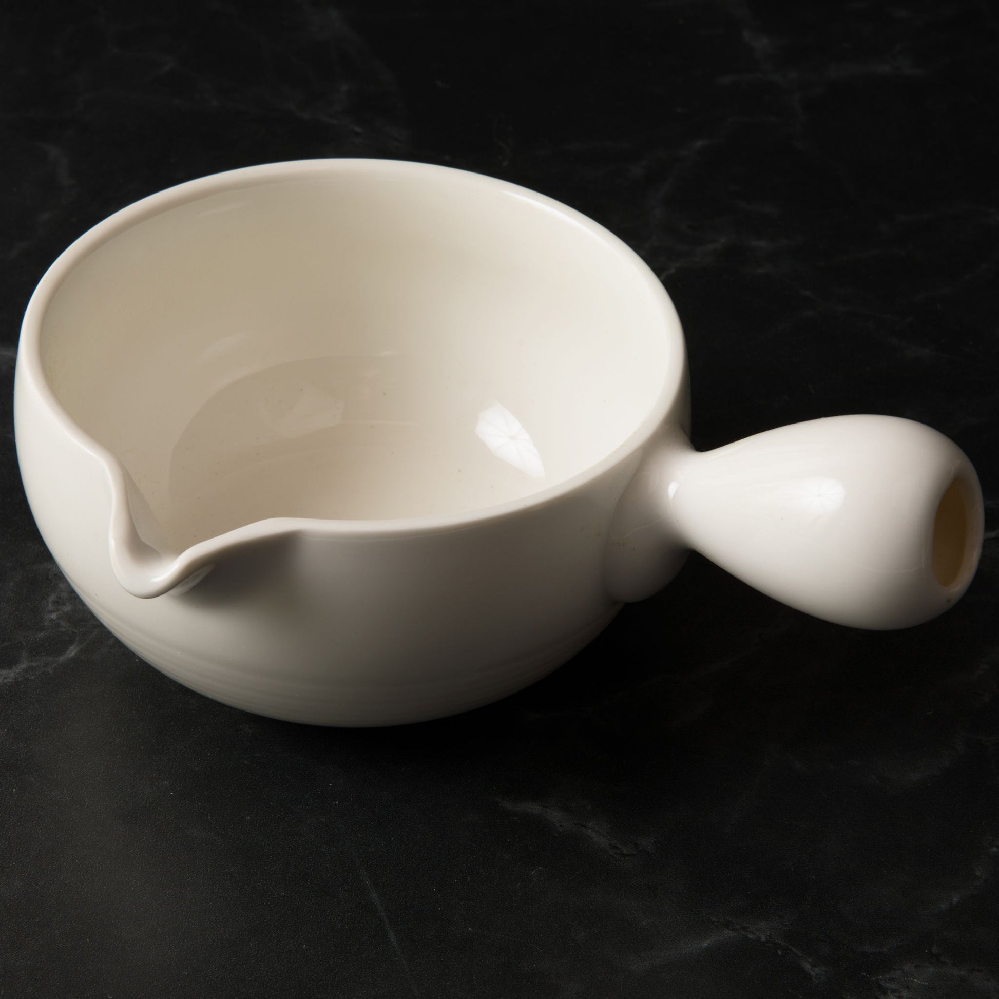 Matcha Set - Angle view ceramic white matcha bowl with spout and handle