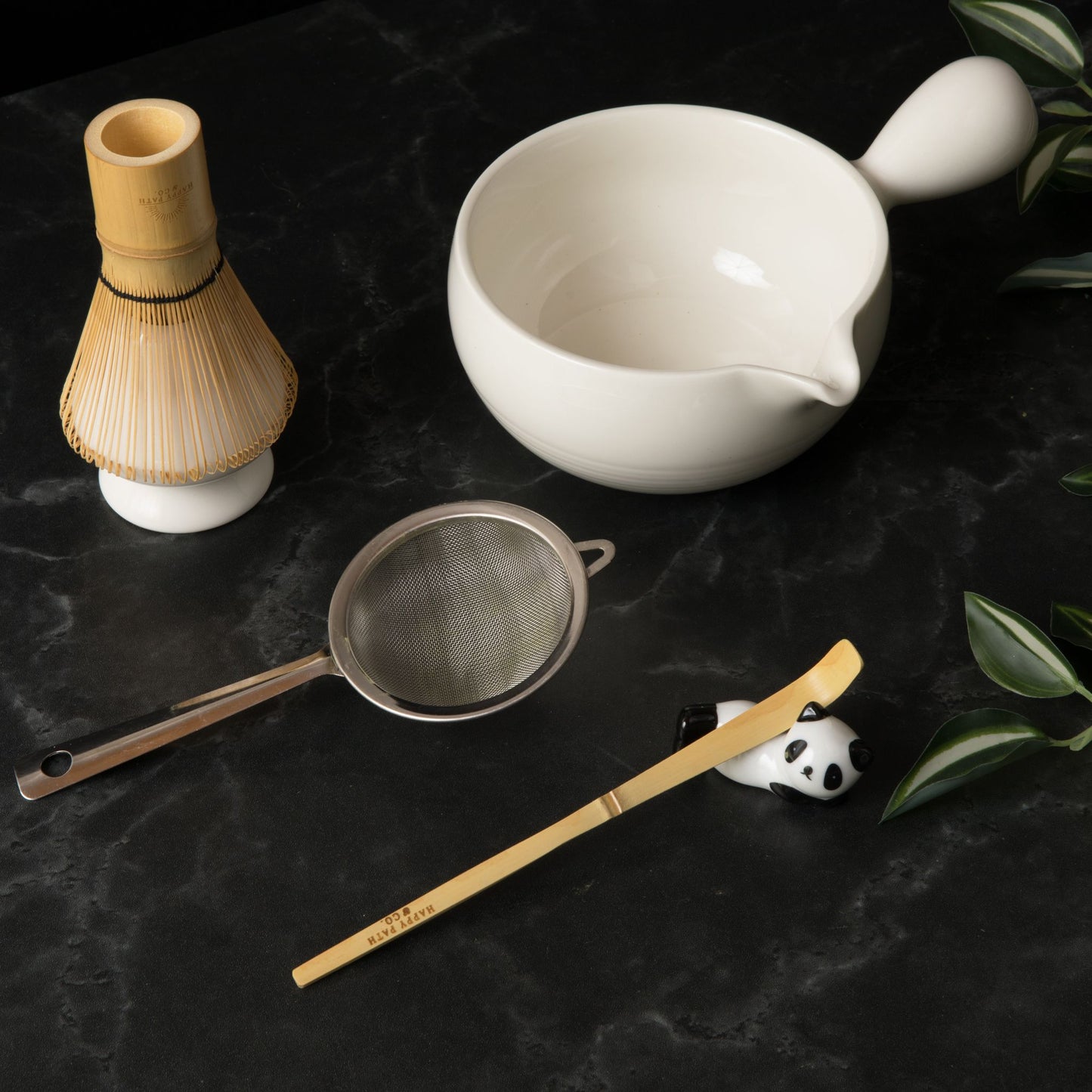 Matcha Set - Matcha set whisk includes, matcha bowl with spout and handle, whisk, whisk holder, sifter, scoop, and panda scoop stand