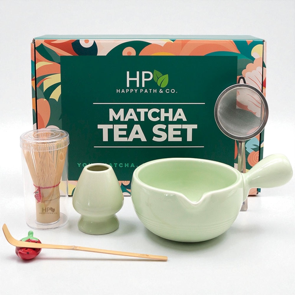 Matcha tea set with tools and Happy Path & Co. gift packaging on a white background