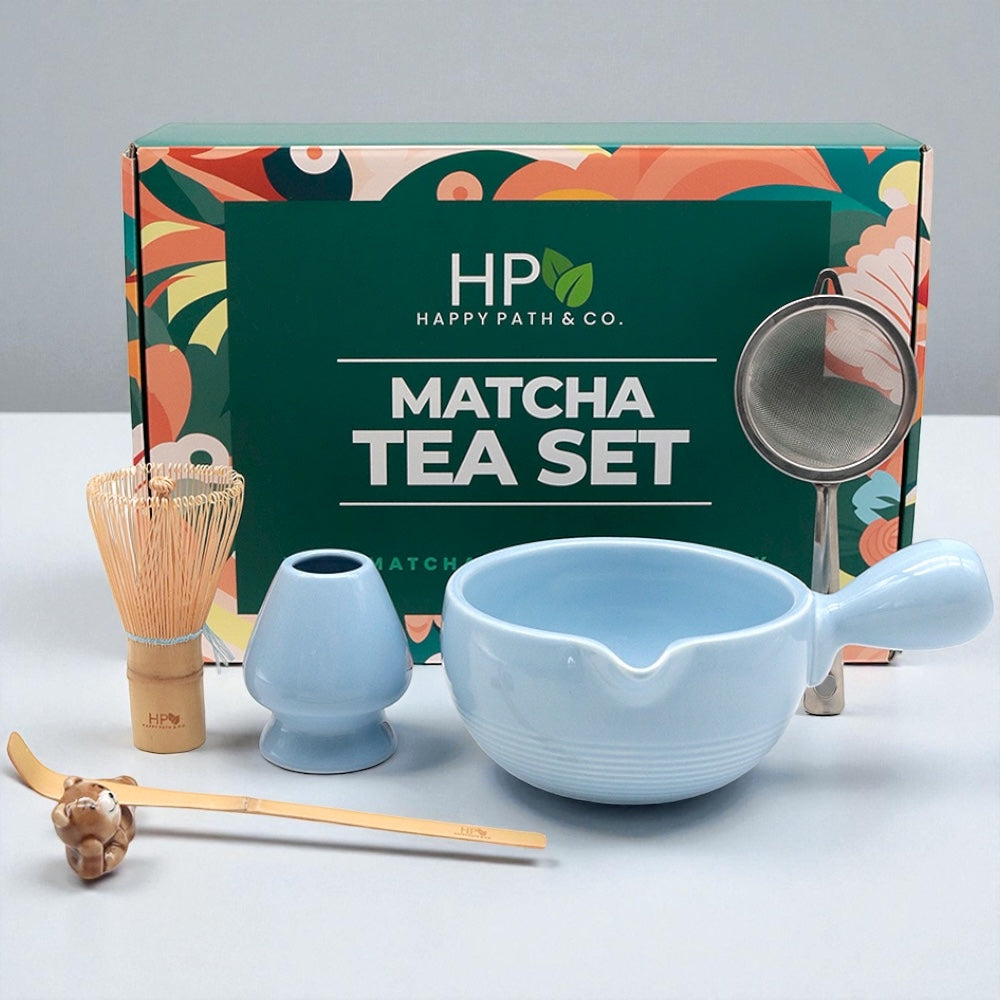 Matcha tea set with a green box labeled 'Happy Path & Co.' on a white background
