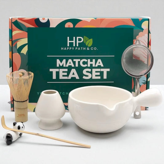 Matcha tea set with tools and Happy Path & Co. packaging on a white background