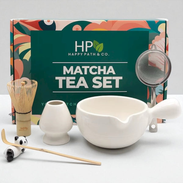 Matcha tea set with tools and Happy Path & Co. packaging on a white background